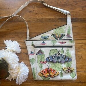 ANUSCHKA Leather Hand Painted Asymmetric Slim Crossbody Bag Butterfly Moth Print